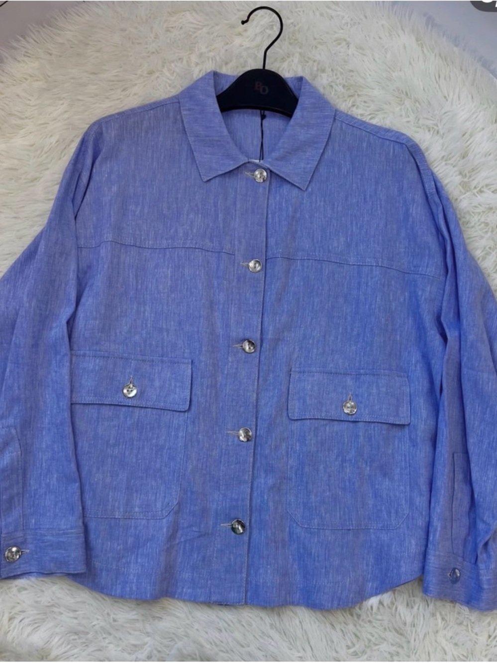 Zara Blue Button-Front Linen Blend Jacket